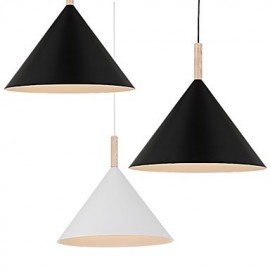 Mini lampe à suspension à cône artistique, 1 lumière, finition moderne et simple, noir et blanc, en aluminium et en bois