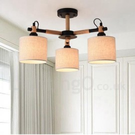 Lustre moderne/contemporain en bois à 3 lumières à un étage avec abat-jour en tissu tambour pour chambre à coucher, salon et salle à manger