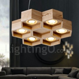 Lampe LED suspendue moderne/contemporaine en bois à 6 lumières, pour salle à manger, salon, chambre à coucher