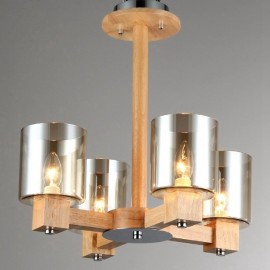 Lustres de style nordique moderne/contemporain en bois clair à 4 lumières avec abat-jour en verre pour salon, salle à manger, bureau, chambre à coucher, bar