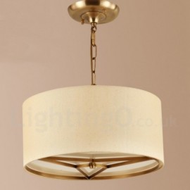 Lustre à suspension rétro, rustique et de luxe en laiton à 4 lumières avec abat-jour en tissu