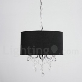 Moderne / Contemporain Lustre à 3 lumières en cristal chromé, acier inoxydable noir avec abat-jour en tissu