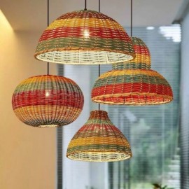 Lampe suspendue en bambou et rotin, abat-jour tissé à la main à rayures colorées, plafonnier