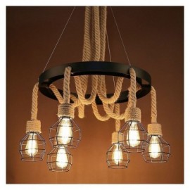 Lustre suspendu en corde de chanvre à 6 têtes, Style rétro, avec abat-jour en fer