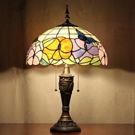 Lampe de table à motif papillons, 2 lumières, peinture sur verre en résine