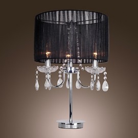 Lampe de table contemporaine à 3 lumières en cristal avec bougie à abat-jour en tissu